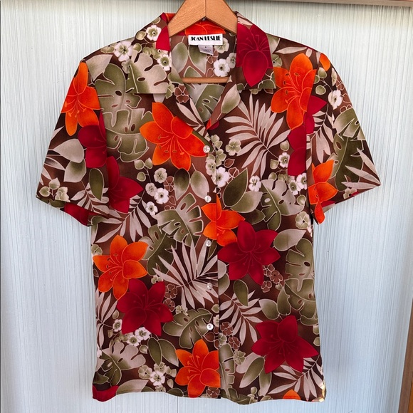 Joan Leslie Tops - 🌺 Vibrant 80s 90s Vintage Hawaiian Tropical Jungle Floral Button Down Shirt